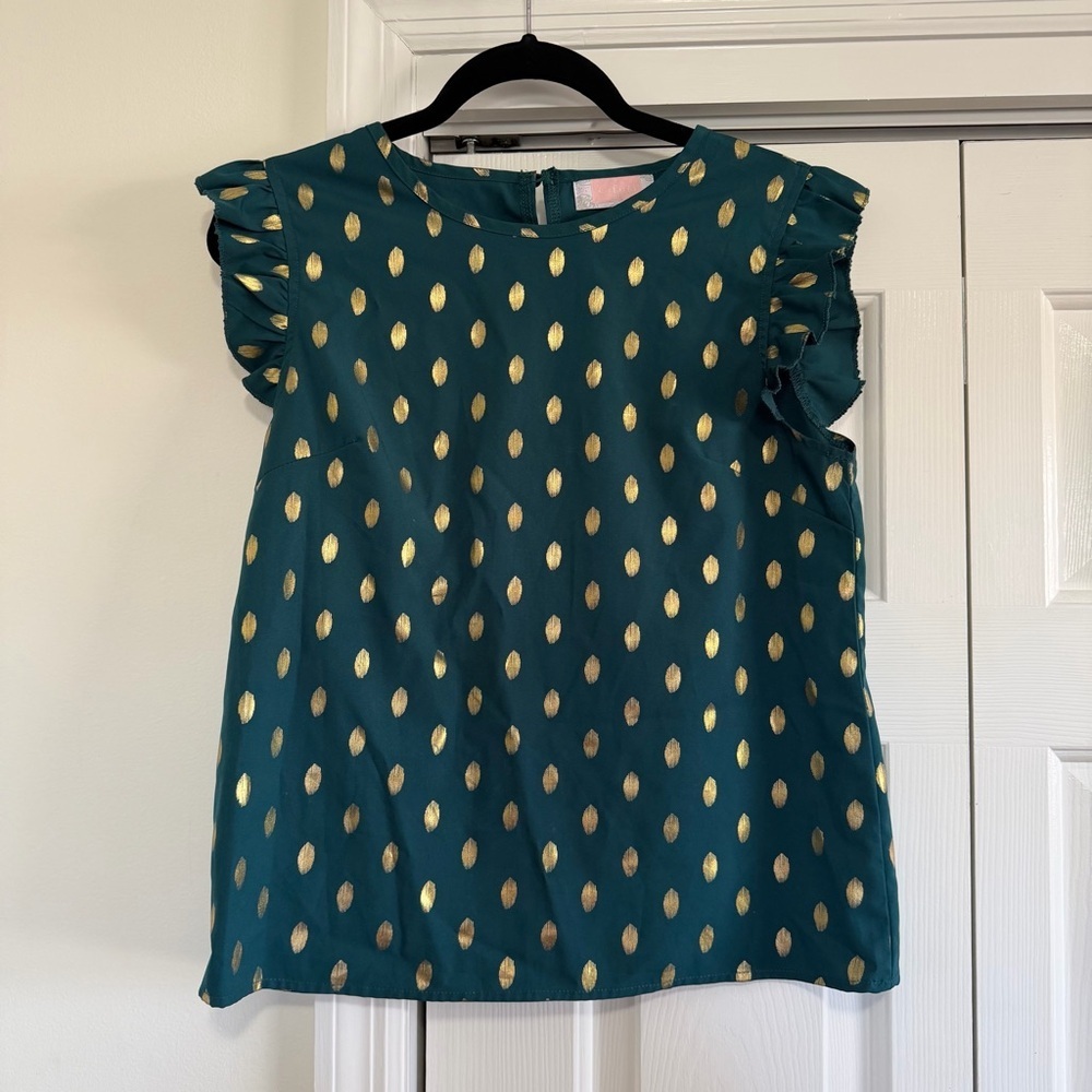 C+D+M Green Gold Ruffle Sleeve Blouse Holiday Party Size Medium